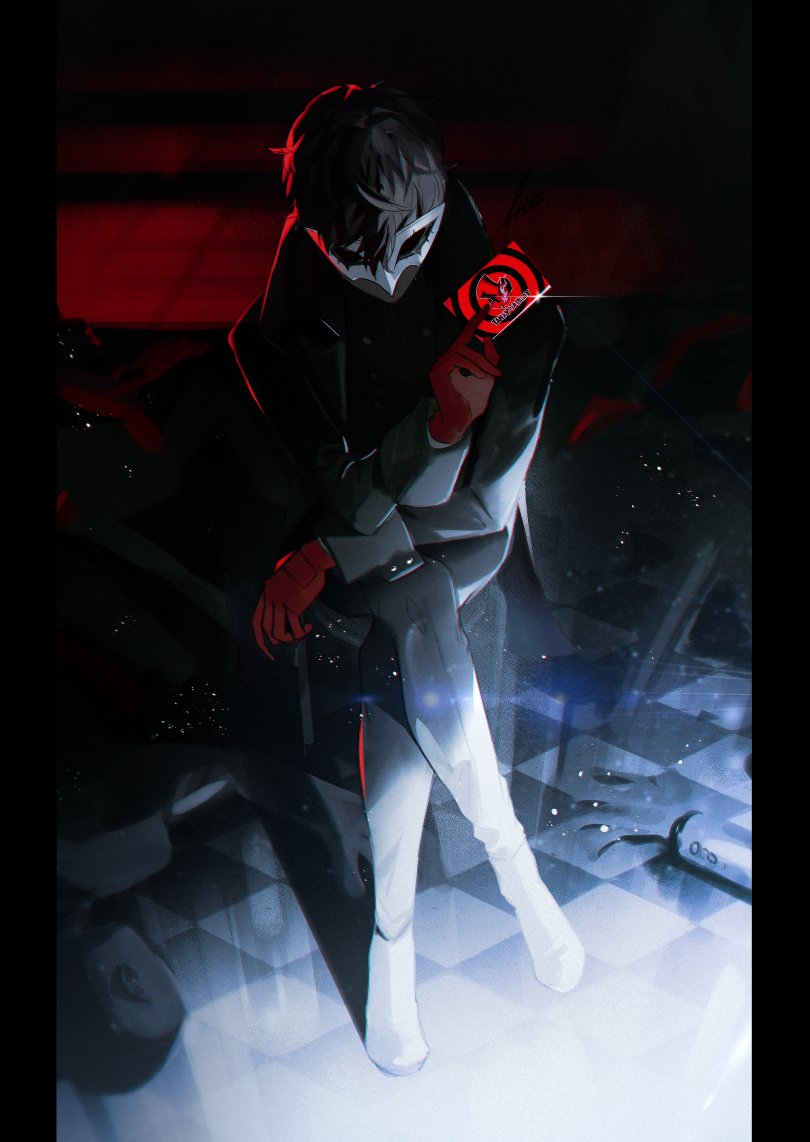 1boy amamiya_ren bangs black_coat black_hair btmr_game calling_card checkered_floor coat crossed_legs gloves hair_between_eyes holding long_sleeves male_focus mask persona persona_5 pillarboxed red_gloves signature sitting solo sparkle symbol-only_commentary white_mask