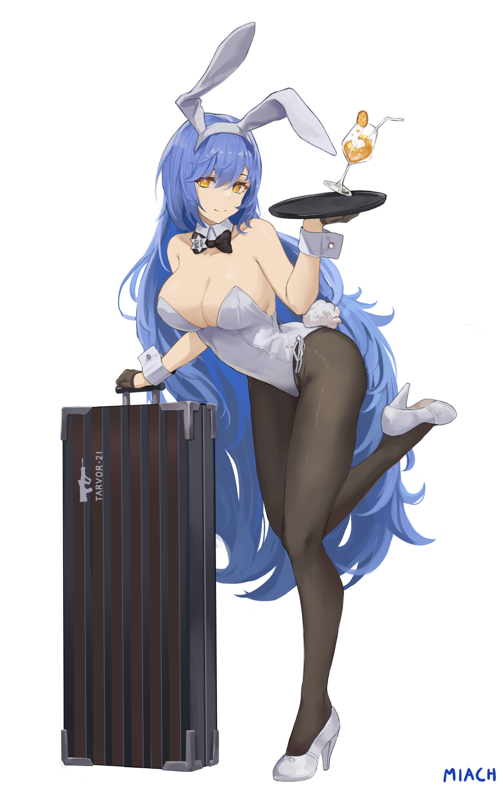 1girl animal_ears black_bow black_bowtie black_gloves blue_hair bow bowtie detached_collar drink full_body girls_frontline gloves half_gloves high_heels highres leotard long_hair looking_at_viewer luggage milestone_celebration nev_(nevblindarts) pantyhose playboy_bunny rabbit_ears rabbit_tail simple_background solo standing standing_on_one_leg tail tar-21_(girls'_frontline) tray white_background white_footwear white_leotard wrist_cuffs yellow_eyes