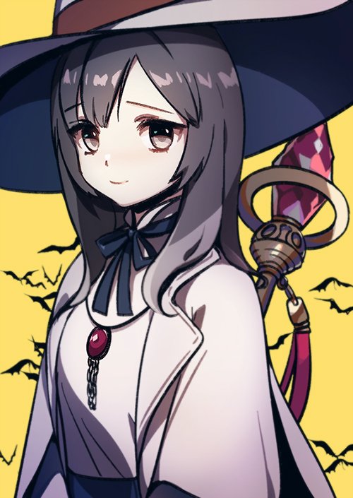 1girl bat brown_hair eu_(euspia) hat jacket jewelry jung_hayan_(regressor's_instruction_manual) necklace regressor's_instruction_manual ribbon short_hair smile solo staff white_jacket wizard wizard_hat yellow_background