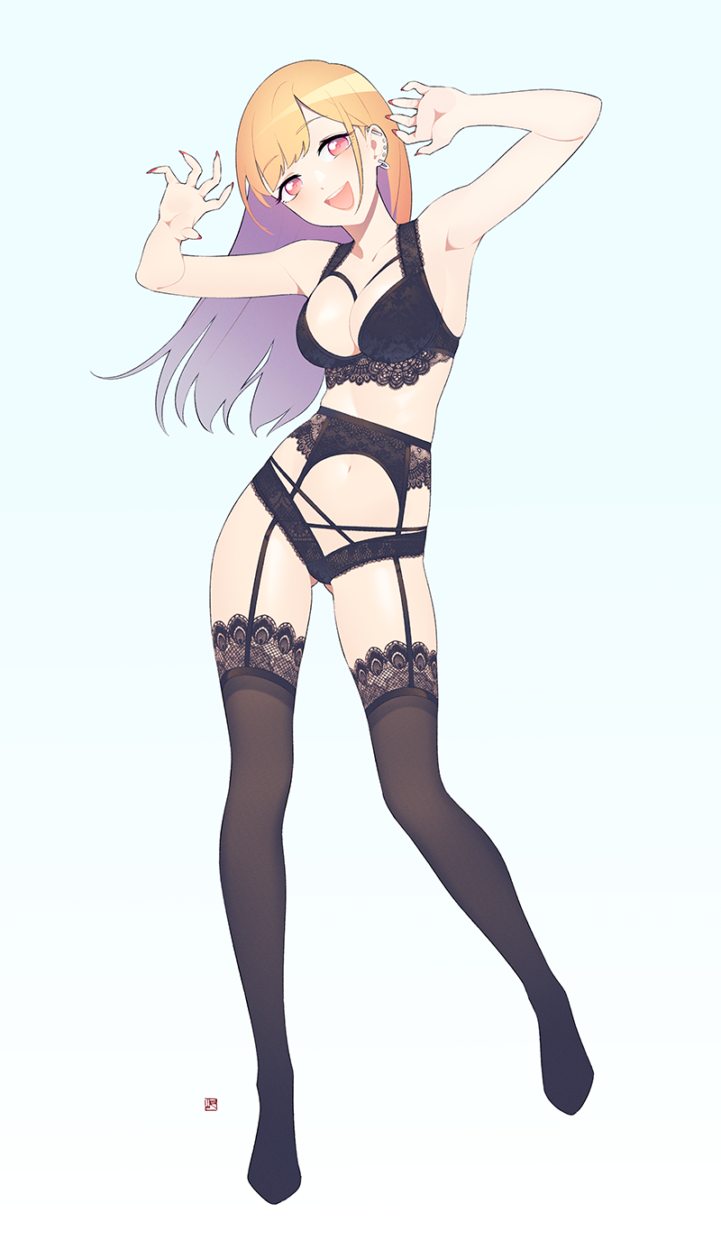 1girl :d armpits arms_up ass_visible_through_thighs bangs black_bra black_garter_belt black_legwear black_panties blonde_hair blurry blush bra breasts claw_pose collarbone contrapposto ear_piercing earrings eyebrows_visible_through_hair full_body garter_belt gradient_hair happy highres jewelry kitagawa_marin lace lace-trimmed_bra lace-trimmed_legwear lace_panties lace_trim lingerie long_hair looking_at_viewer medium_breasts multicolored_hair multiple_piercings nail_polish navel no_shoes panties piercing red_eyes red_nails simple_background smile solo sono_bisque_doll_wa_koi_wo_suru standing teeth thigh-highs thighs underwear upper_teeth yan_wan