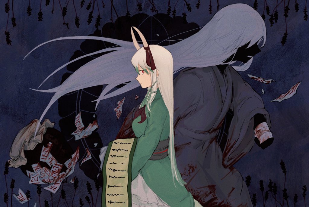 2girls blood blood_on_clothes closed_mouth commentary dress ex-keine from_side frown fujiwara_no_mokou green_dress green_hair grey_robe hidden_eyes hiiragi_(unftoas) holding holding_jar holding_scroll horn_ornament horn_ribbon horns hourai_elixir jar kamishirasawa_keine long_hair long_sleeves looking_at_viewer multicolored_hair multiple_girls neckerchief ofuda red_eyes red_neckerchief red_ribbon ribbon scroll sideways_glance touhou two-tone_hair very_long_hair white_hair wide_sleeves