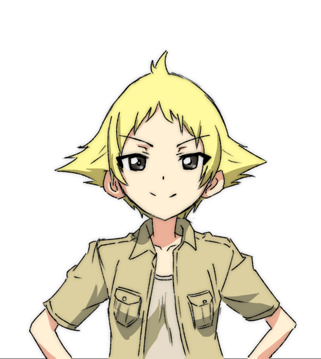 1girl black_eyes blonde_hair brown_shirt closed_mouth collared_shirt erwin_(girls_und_panzer) girls_und_panzer grey_shirt hands_on_hips looking_at_viewer mal_(malmlamal) no_hat no_headwear open_clothes open_shirt pointy_hair shirt short_hair short_sleeves simple_background smile solo upper_body white_background