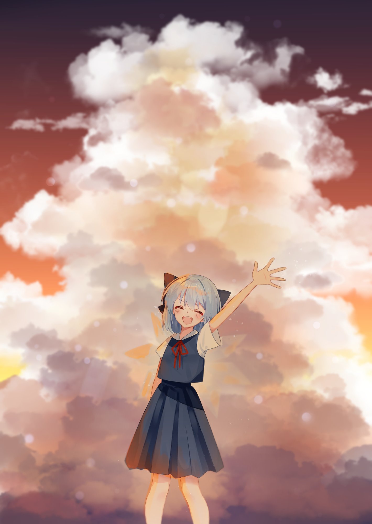 1girl bangs blue_dress blue_eyes blue_hair blue_shirt blue_skirt cirno clouds collar dress fairy_wings flat_chest highres ice ice_wings medium_skirt neck_ribbon puffy_short_sleeves puffy_sleeves red_ribbon red_sky ribbon sailor_collar shirt short_hair short_sleeves simple_background skirt sky solo suikario touhou white_background white_collar white_sleeves wings