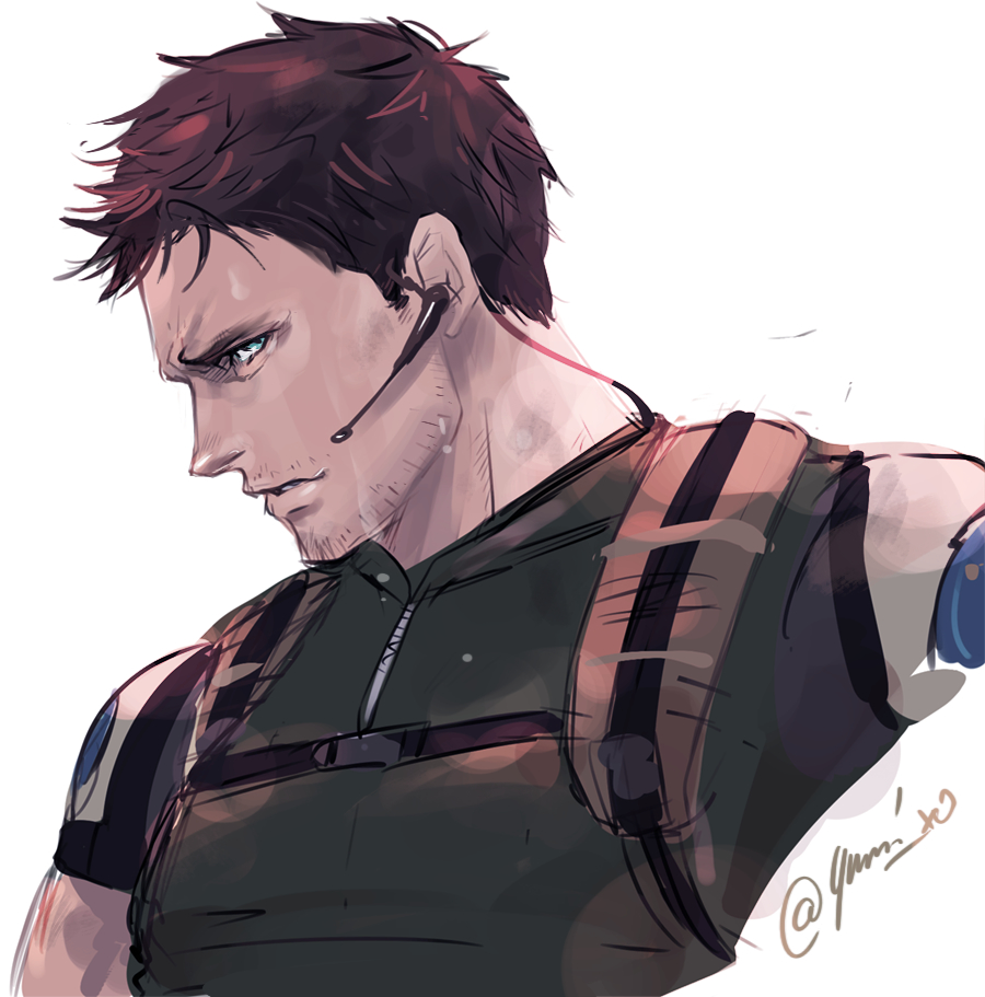 1boy black_hair blue_eyes chris_redfield facial_hair green_shirt headset looking_at_viewer male_focus muscular muscular_male parted_lips resident_evil resident_evil_5 shirt short_hair solo stubble twitter_username upper_body yumi_(soak1111)