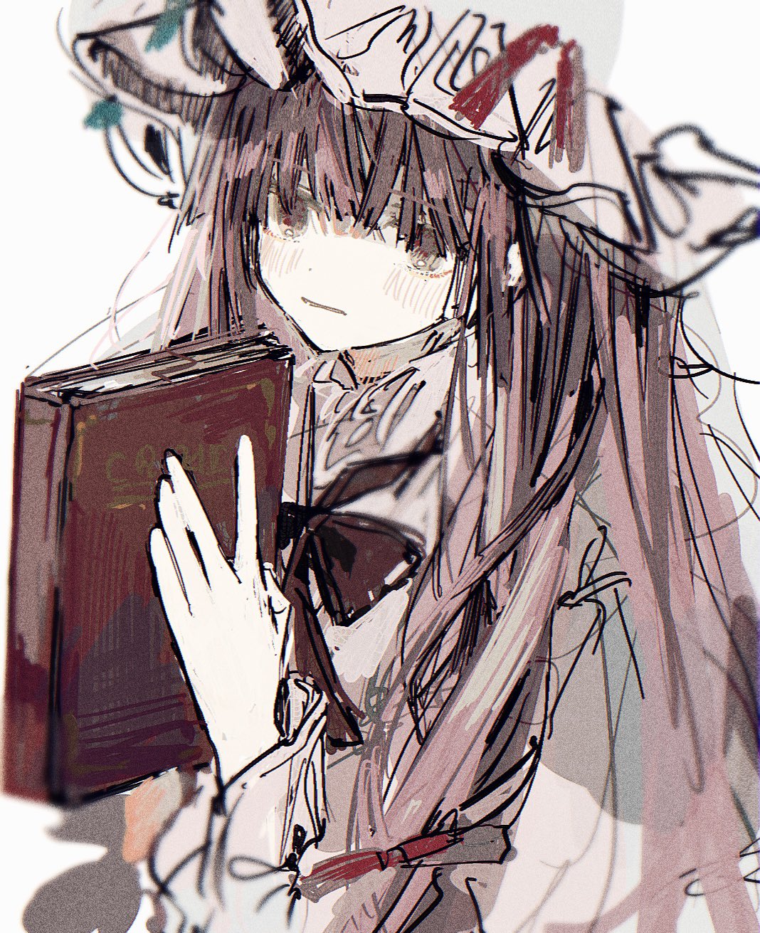 1girl :| black_bow black_bowtie blue_ribbon blush book bow bowtie closed_mouth dress hair_ribbon hand_up hat hat_ribbon highres holding holding_book koyomiyoko_o long_hair long_sleeves patchouli_knowledge purple_dress purple_hair red_ribbon ribbon sidelocks sketch solo touhou upper_body very_long_hair violet_eyes white_background