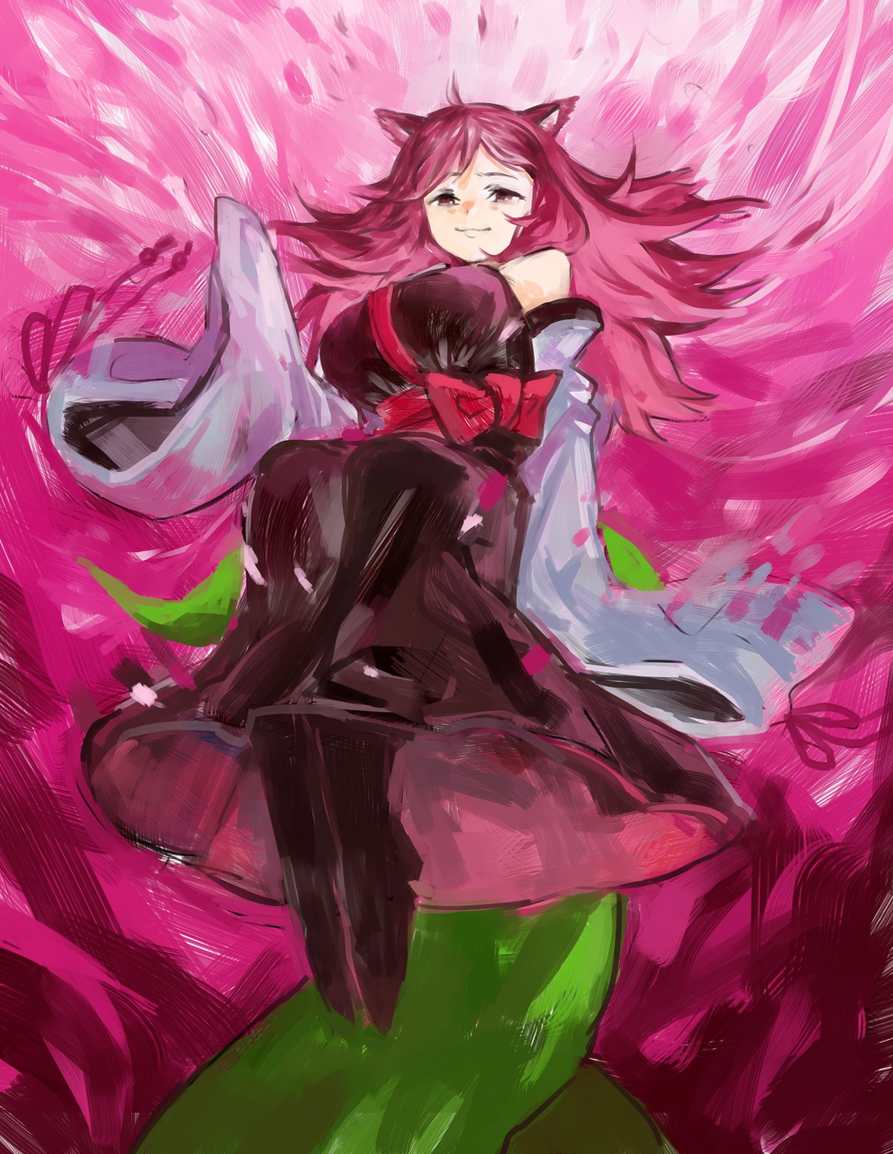 1girl animal_ears black_footwear bow breasts closed_mouth dress highres kemurikusa large_breasts long_dress long_sleeves looking_at_viewer okbnkn pink_background red_bow red_eyes redhead ritsu_(kemurikusa) sitting sleeves_past_fingers sleeves_past_wrists smile solo