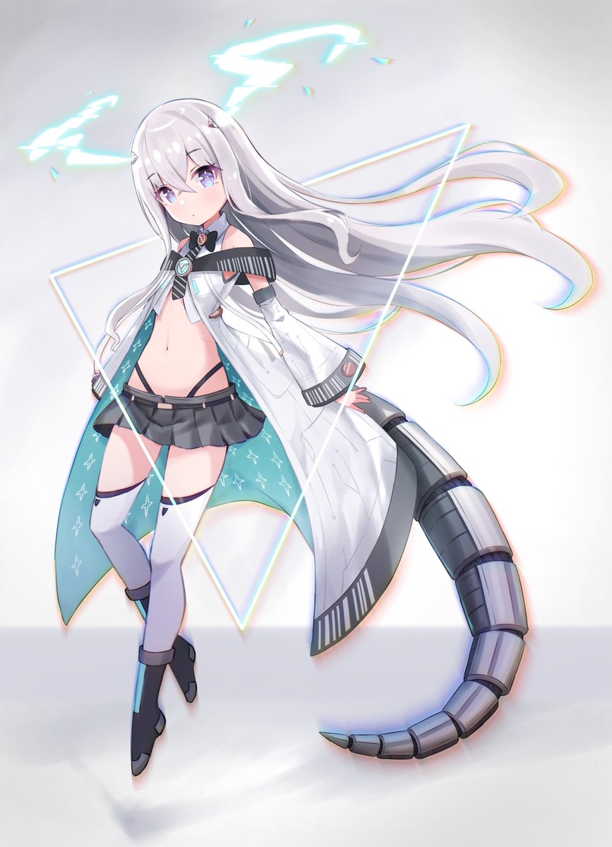 1girl boots bow bowtie collared_shirt cropped_shirt detached_sleeves dragon_girl flat_chest grey_hair highleg highleg_panties highres holographic_horns ibuki_meno long_hair mechanical_tail microskirt midriff necktie panties pleated_skirt prism_project shirt siragagaga skirt sleeveless sleeveless_jacket solo tail thigh-highs underwear violet_eyes virtual_youtuber