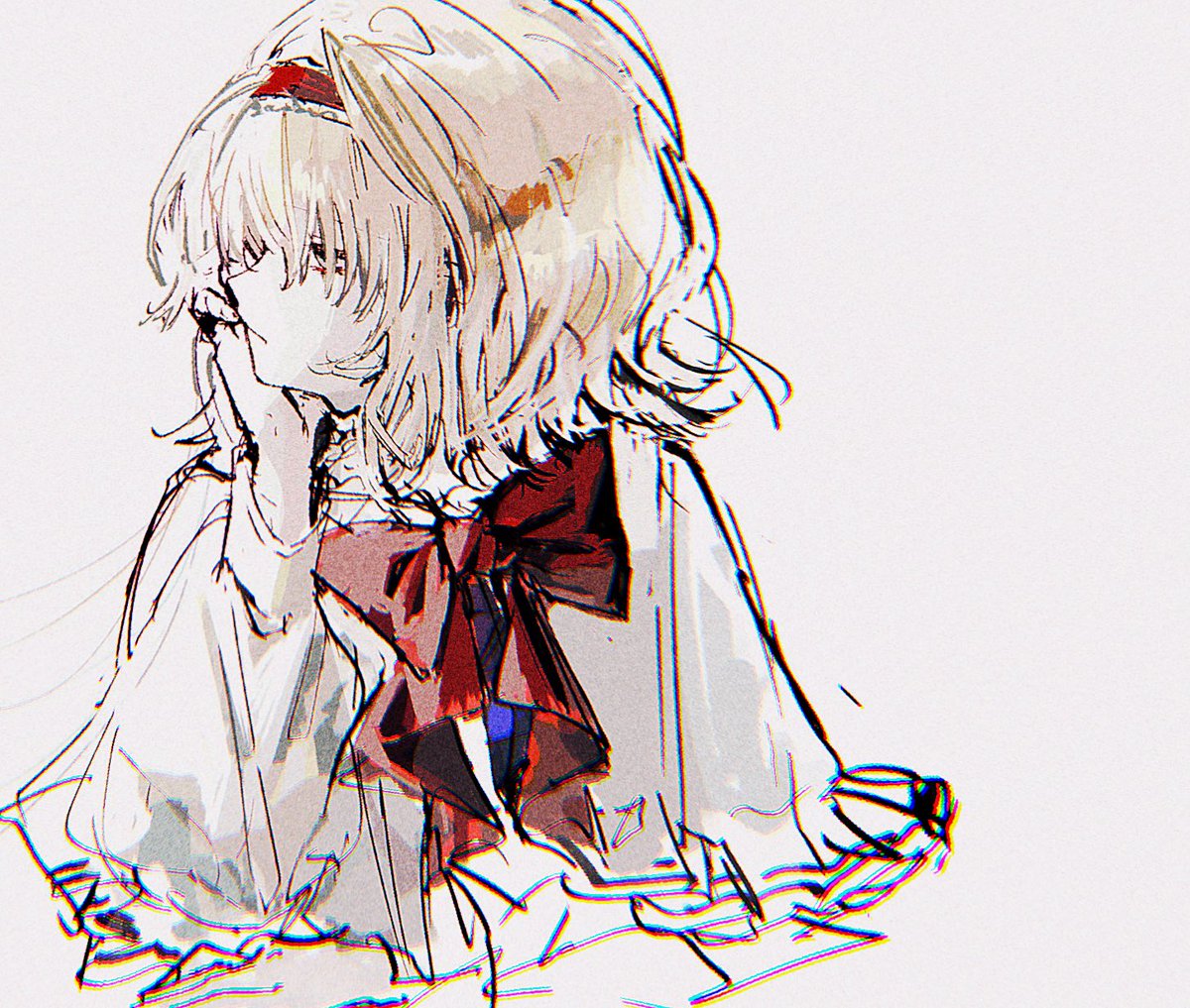 1girl alice_margatroid arm_support bad_id bad_twitter_id blonde_hair bow bowtie closed_mouth frown hair_over_eyes hairband head_rest koyomiyoko_o long_sleeves looking_to_the_side red_bow red_bowtie red_hairband shirt short_hair simple_background sleeve_cuffs solo touhou upper_body white_background white_shirt yellow_eyes