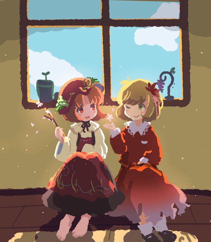 2girls :d ;) aki_minoriko aki_shizuha bangs barefoot black_footwear blonde_hair blush_stickers branch cherry_blossoms closed_mouth commentary dress eyebrows_behind_hair food fruit grapes hair_ornament hat holding holding_branch indoors kanno_fumiroku leaf_hair_ornament long_sleeves looking_at_another multiple_girls one_eye_closed open_mouth orange_eyes orange_hair parted_bangs plant potted_plant red_dress red_headwear shirt shoes short_hair siblings sisters smile socks swept_bangs touhou white_legwear white_shirt wide_sleeves window yellow_eyes