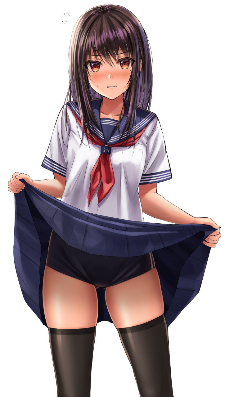 1girl annoyed ass_visible_through_thighs black_hair black_legwear blue_skirt blush brown_eyes buruma buruma_under_skirt clenched_teeth clothes_lift embarrassed flashing highres lifted_by_self long_hair looking_at_viewer original school_uniform serafuku shirt short_sleeves simple_background skirt skirt_lift solo teeth thigh-highs thighs uniform white_background white_shirt yukemuriganmo