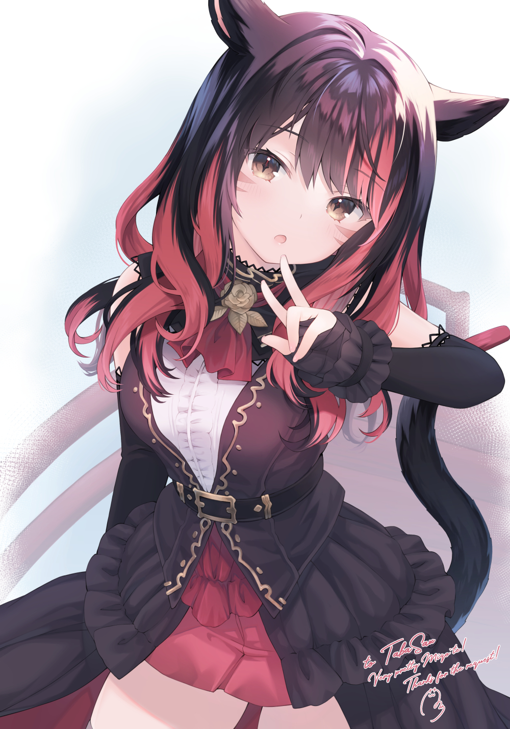 1girl :o animal_ears ascot avatar_(ff14) belt black_hair breasts brown_eyes cat_ears cat_tail commission elbow_gloves final_fantasy final_fantasy_xiv fingerless_gloves gloves highres kanora large_breasts medium_hair miqo'te multicolored_hair redhead shirt skeb_commission skirt sleeveless sleeveless_jacket sleeveless_shirt streaked_hair tail two-tone_hair