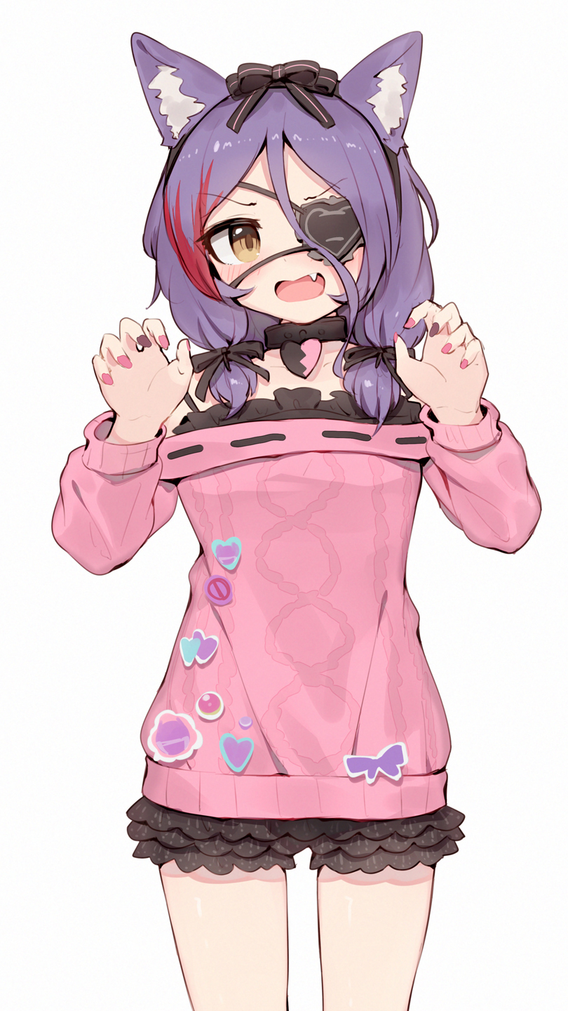 1girl animal_ears black_ribbon claw_pose collar dress eyebrows_visible_through_hair eyepatch fake_animal_ears fang hair_ribbon hairband hayasaka_mirei highres idolmaster idolmaster_cinderella_girls long_hair long_sleeves looking_at_viewer multicolored_hair multicolored_nails nail_polish off-shoulder_sweater off_shoulder open_mouth pink_nails purple_hair purple_nails redhead ribbon shone simple_background solo streaked_hair sweater sweater_dress two-tone_hair white_background yellow_eyes