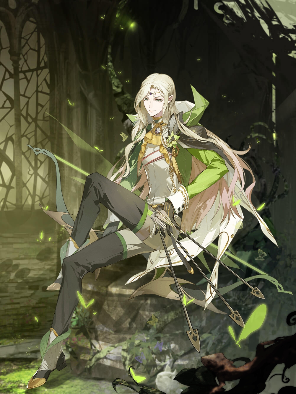 1boy ankle_boots arrow_(projectile) ascot between_fingers black_cape black_gloves black_pants blonde_hair boots bow_(weapon) brooch bug cape chest_strap circlet collared_jacket crossed_legs food_fantasy gloves green_eyes green_jacket highres holding holding_arrow holding_bow_(weapon) holding_weapon jacket jewelry knee_up lapel_flower long_hair looking_at_viewer male_focus martini_(food_fantasy) moss multicolored_pants official_art pants pointy_ears shirt sitting sitting_on_rock smile solo third-party_source weapon white_shirt yellow_ascot