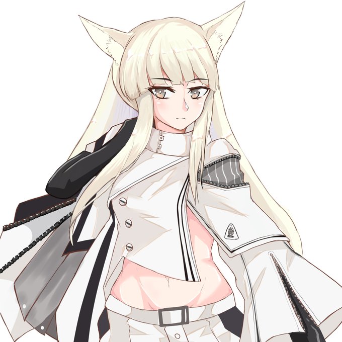 1girl animal_ears arknights bangs black_gloves blunt_bangs commentary_request crop_top eyebrows_visible_through_hair gloves grey_eyes groin jacket long_hair looking_at_viewer midriff navel partial_commentary platinum_(arknights) simple_background solo stomach tsuchinoko_snake upper_body very_long_hair white_background white_hair white_jacket