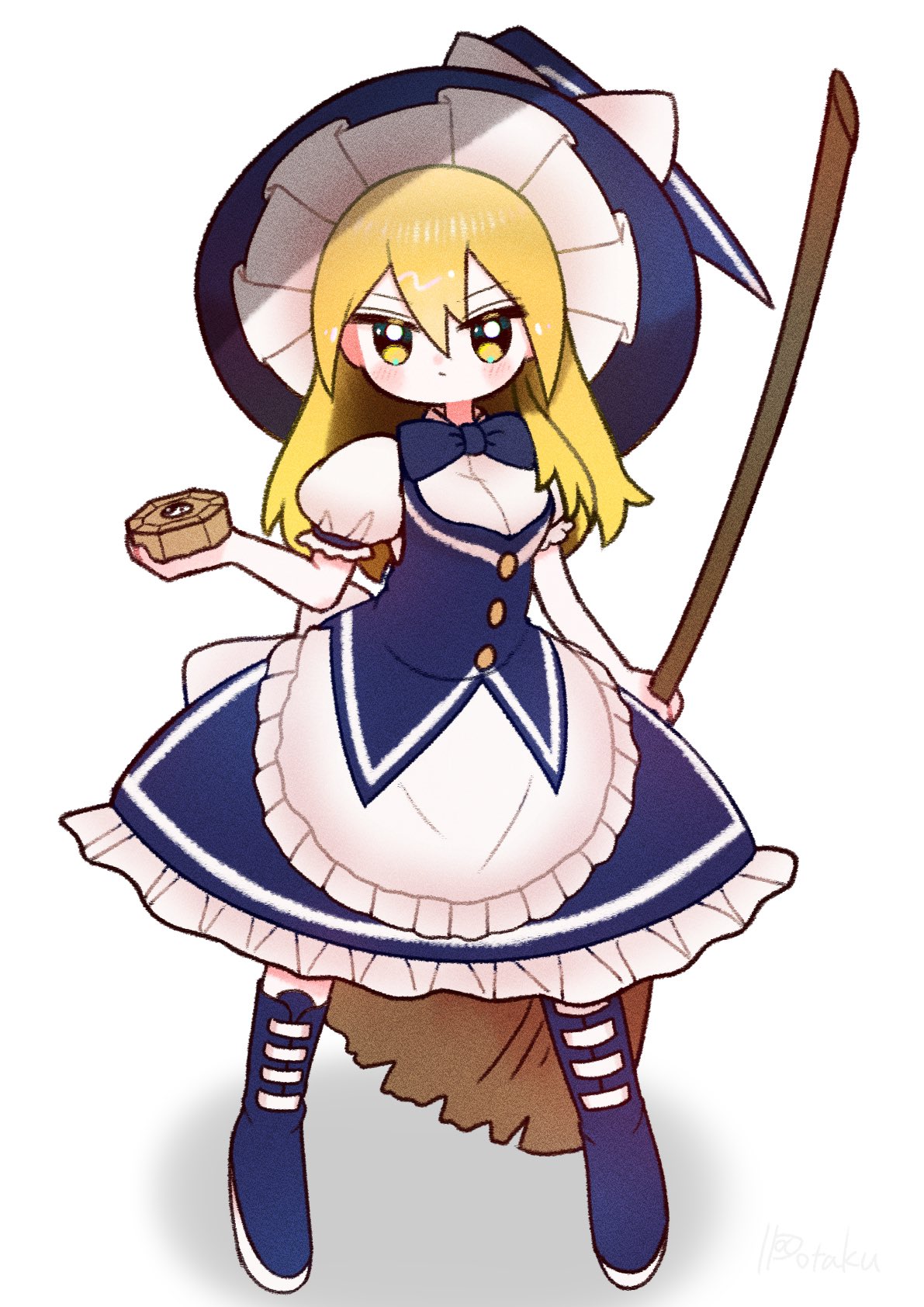 1girl apron bangs blonde_hair blue_bow blue_corset blue_footwear blue_headwear blue_skirt boots bow bowtie broom buttons commentary corset dotaku_(wran8845) frilled_skirt frills full_body hair_between_eyes hat hat_bow highres holding holding_broom kirisame_marisa looking_at_viewer medium_hair mini-hakkero puffy_short_sleeves puffy_sleeves shirt short_sleeves skirt solo touhou urban_legend_in_limbo waist_apron white_apron white_bow white_shirt witch_hat yellow_eyes