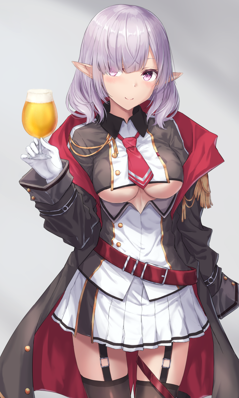1girl alcohol bangs beer belt belt_buckle black_jacket black_legwear black_shirt breasts buckle clothing_cutout collared_shirt commentary_request commission copyright_request cup drinking_glass eyebrows_behind_hair garter_straps gloves grey_background grey_hair hair_over_one_eye highres holding holding_cup jacket long_sleeves looking_at_viewer monoku necktie off_shoulder open_clothes open_jacket pleated_skirt red_belt red_necktie shirt short_necktie skeb_commission skirt sleeves_past_fingers sleeves_past_wrists solo standing thigh-highs under_boob underboob_cutout violet_eyes virtual_youtuber white_gloves white_skirt wine_glass