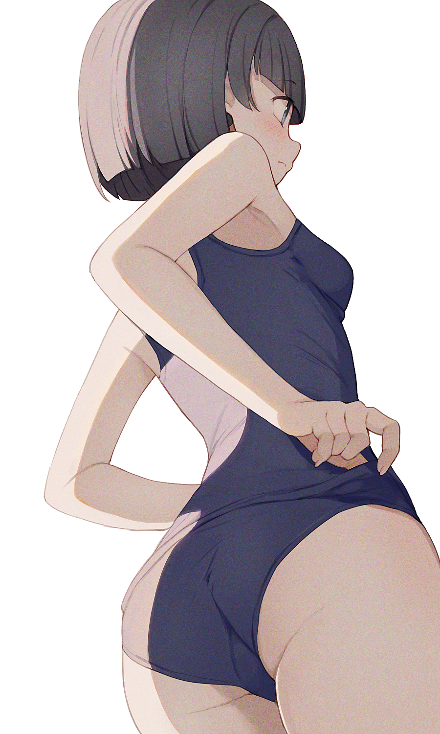 1girl adjusting_clothes adjusting_swimsuit armpits arms_behind_back ass back bangs black_hair blue_eyes blue_swimsuit blush breasts closed_mouth eyebrows_visible_through_hair from_below highres hiroki_(yyqw7151) looking_afar original school_swimsuit short_hair small_breasts swimsuit thigh_gap thighs white_background