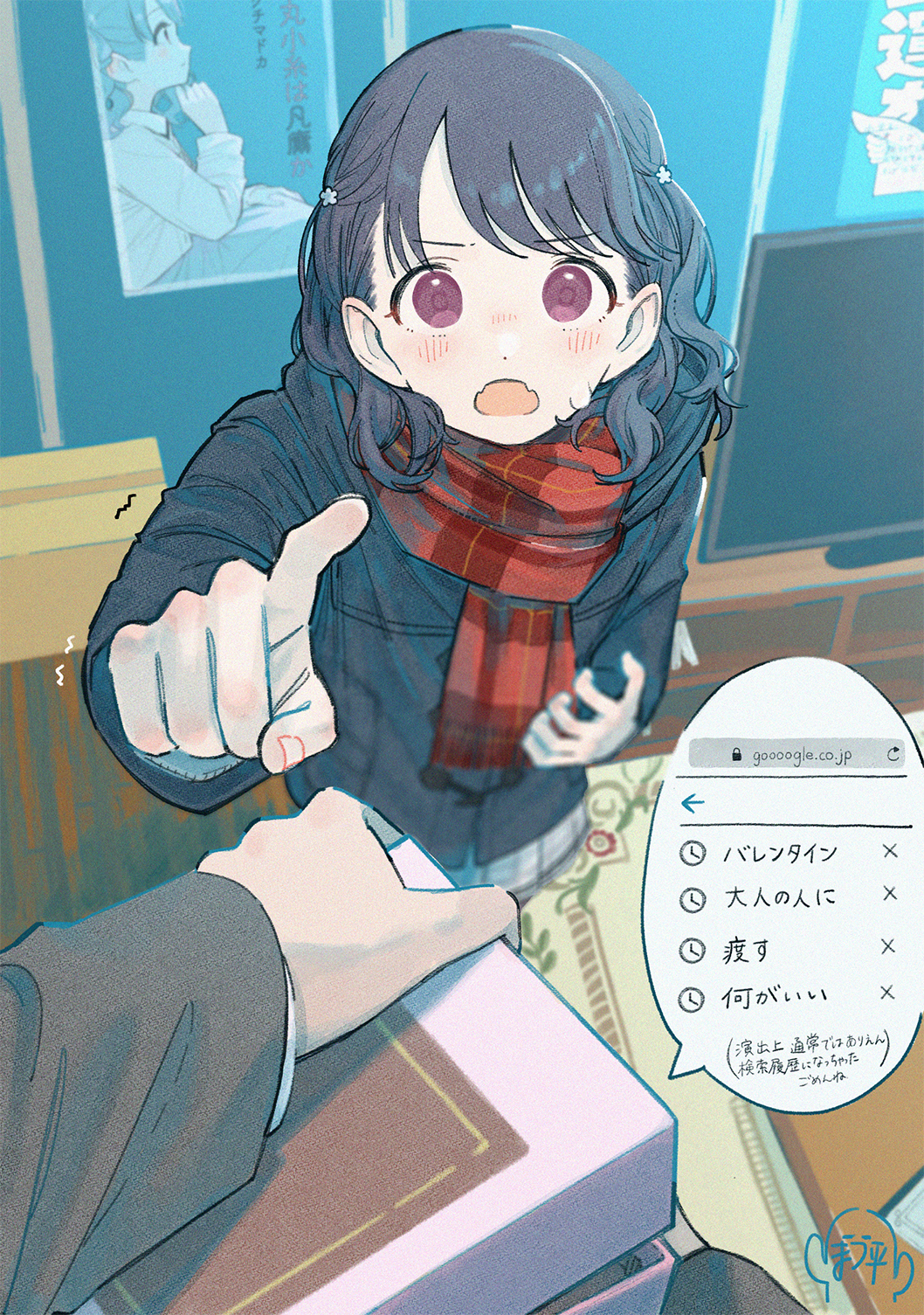 1girl black_hair black_jacket commentary_request fangs fukumaru_koito hair_down highres idolmaster idolmaster_shiny_colors jacket looking_at_viewer open_mouth paayan_(hagakinorock54) plaid plaid_skirt pointing pointing_at_viewer poster_(object) pov pov_hands red_scarf scarf skin_fangs skirt sweatdrop television translation_request