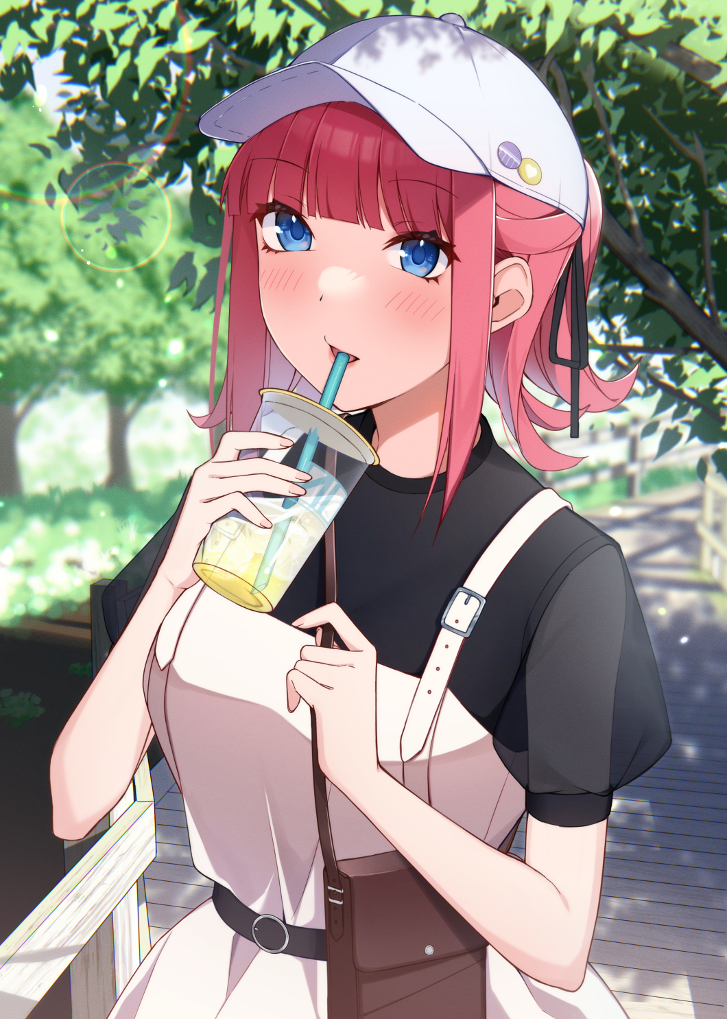 1girl bangs belt black_ribbon black_shirt blue_eyes blunt_bangs blush brown_bag cup dress drinking_straw drinking_straw_in_mouth go-toubun_no_hanayome hat highres holding holding_cup looking_at_viewer nakano_nino outdoors parted_lips pin pink_hair ponytail raised_eyebrows ribbon shirt sidelocks umetasuku white_dress white_headwear