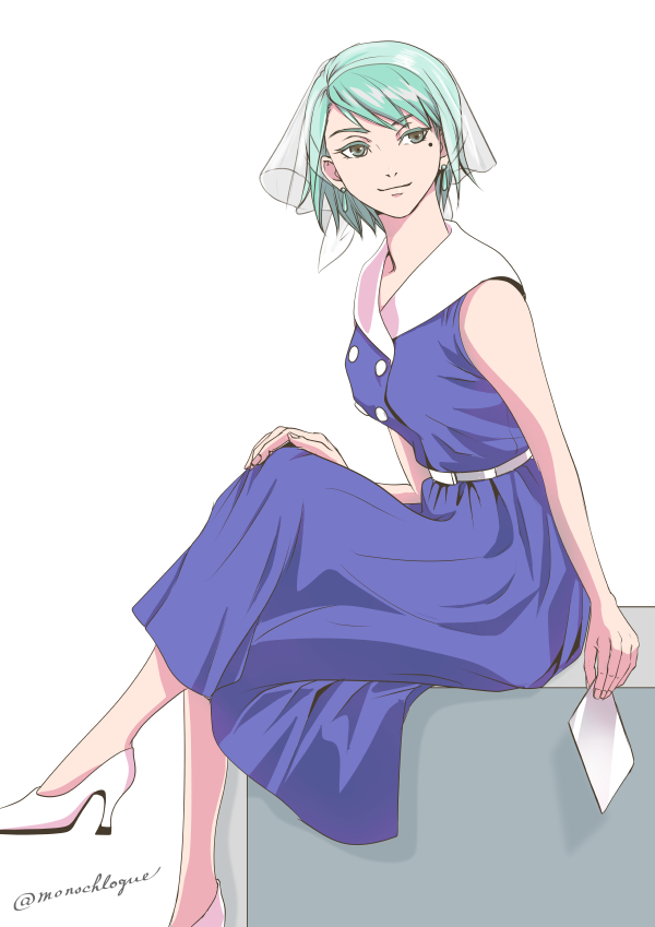 1girl ace_attorney alternate_costume blue_dress dress earrings franziska_von_karma green_eyes green_hair hand_on_own_knee high_heels jewelry mole mole_under_eye simple_background sitting solo twitter_username wakadori white_background