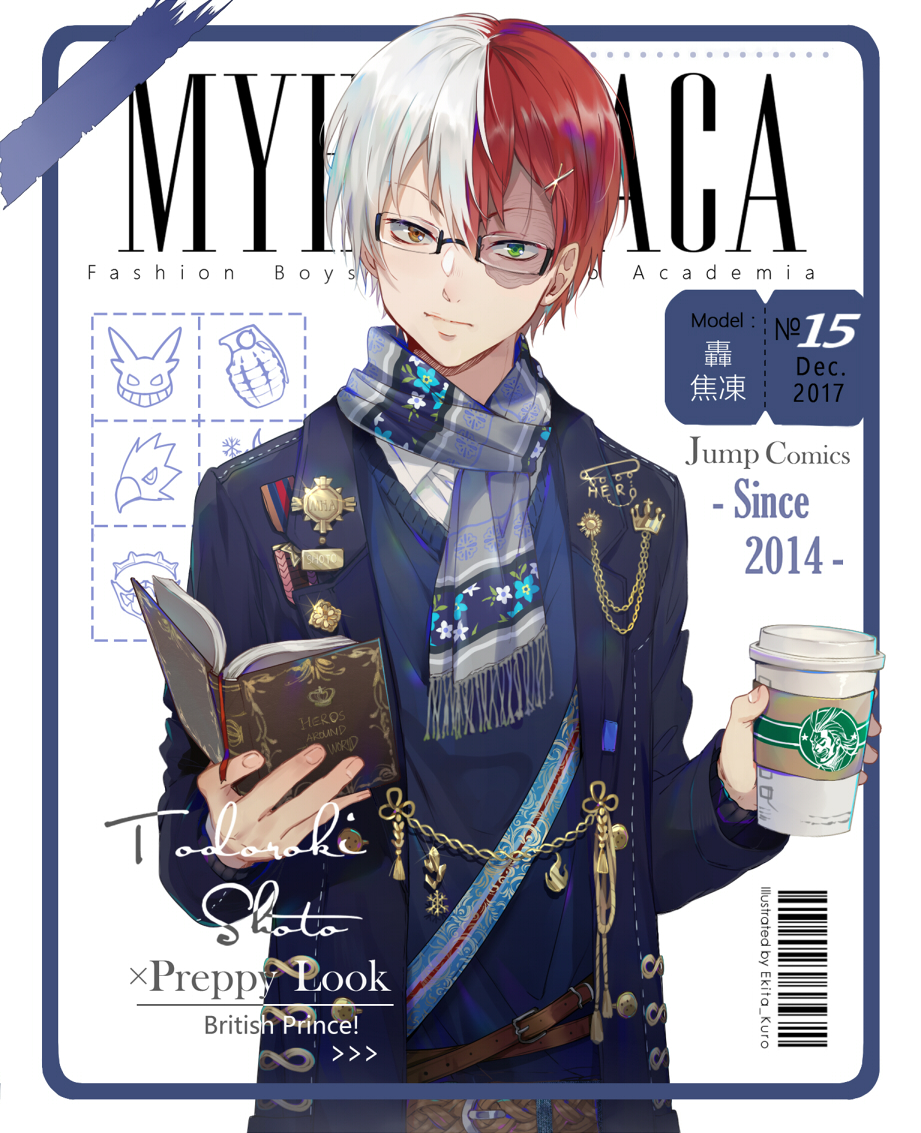 1boy alternate_eye_color artist_name background_text barcode boku_no_hero_academia book brown_eyes burn_scar character_name coffee_cup cover cup disposable_cup ekita_kuro english_text foreground-e green_eyes hair_ornament hairpin heterochromia holding holding_book holding_cup looking_at_viewer magazine_cover male_focus multicolored_hair open_book redhead scar scar_on_face scarf solo split-color_hair todoroki_shouto two-tone_hair white_background white_hair