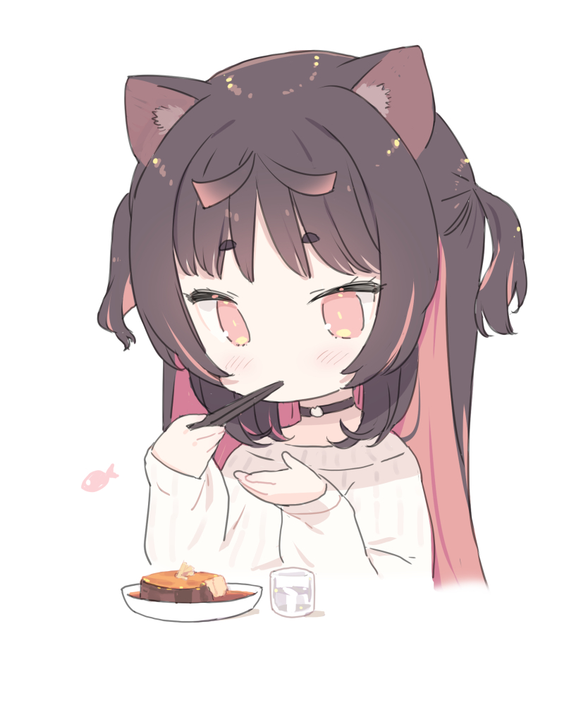 1girl animal_ear_fluff animal_ears bangs black_choker black_hair blade_(galaxist) blush cat_ears chibi choker chopsticks commentary cropped_torso cup drinking_glass eyebrows_visible_through_hair food food_request hands_up holding holding_chopsticks long_hair long_sleeves multicolored_hair nekoyama_nae pink_eyes pink_hair short_eyebrows simple_background sleeves_past_wrists solo sweater thick_eyebrows toranoana two-tone_hair two_side_up upper_body virtual_youtuber white_background white_sweater