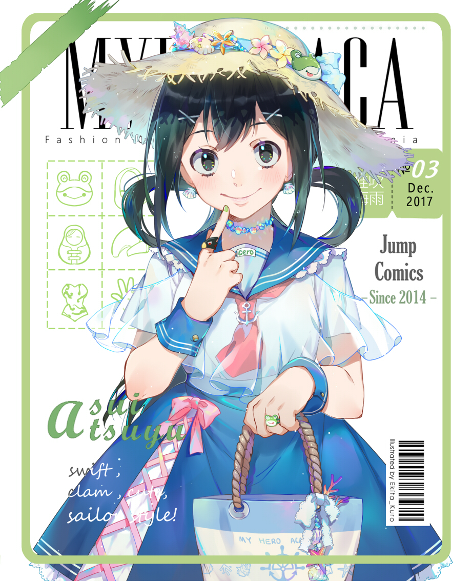 1girl artist_name asui_tsuyu background_text barcode basket boku_no_hero_academia border bow character_name choker cover dress earrings ekita_kuro english_text frog_girl green_border green_eyes green_hair hair_ornament hair_rings hairpin hat holding holding_basket jewelry long_hair looking_at_viewer low-tied_long_hair magazine_cover nail_polish pink_bow ring sailor_collar sailor_dress sidelocks smile solo sun_hat white_background