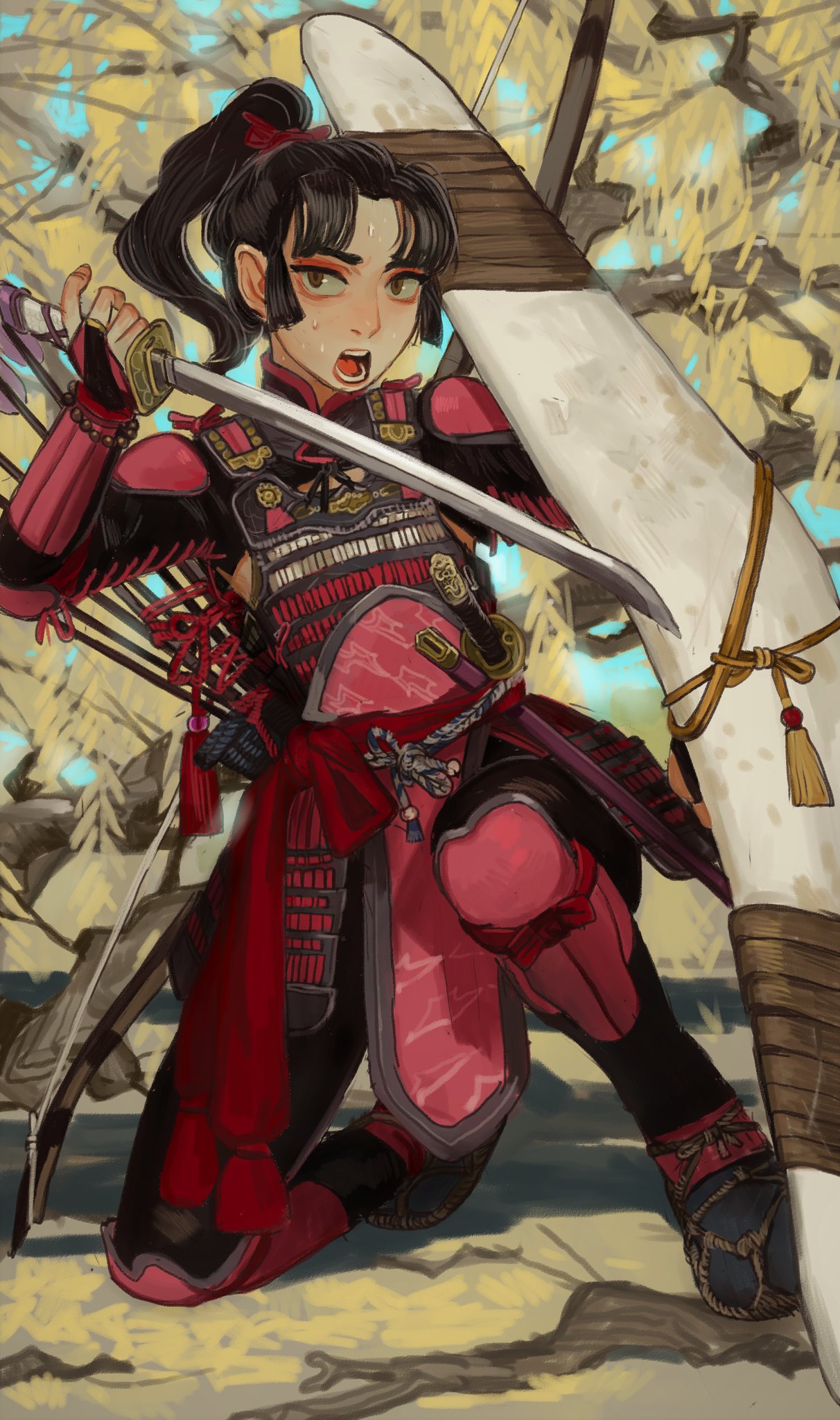 1girl armor arrow_(projectile) black_hair boomerang bow_(weapon) breastplate brown_eyes highres holding holding_sword holding_weapon inuyasha japanese_armor katana looking_at_viewer mossacannibalis multiple_swords one_knee open_mouth outdoors ponytail quiver reverse_grip sango scabbard sheath solo sword tassel weapon