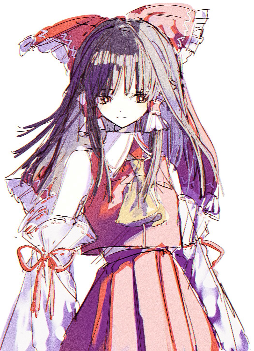 1girl arms_at_sides ascot bangs blunt_bangs blush bow brown_hair closed_mouth detached_sleeves frilled_bow frilled_hair_tubes frills hair_bow hair_tubes hakama hakurei_reimu highres japanese_clothes koyomiyoko_o long_hair looking_at_viewer orange_eyes red_bow red_hakama red_ribbon red_vest ribbon ribbon-trimmed_sleeves ribbon_trim sidelocks simple_background smile solo touhou upper_body vest white_background white_sleeves yellow_ascot