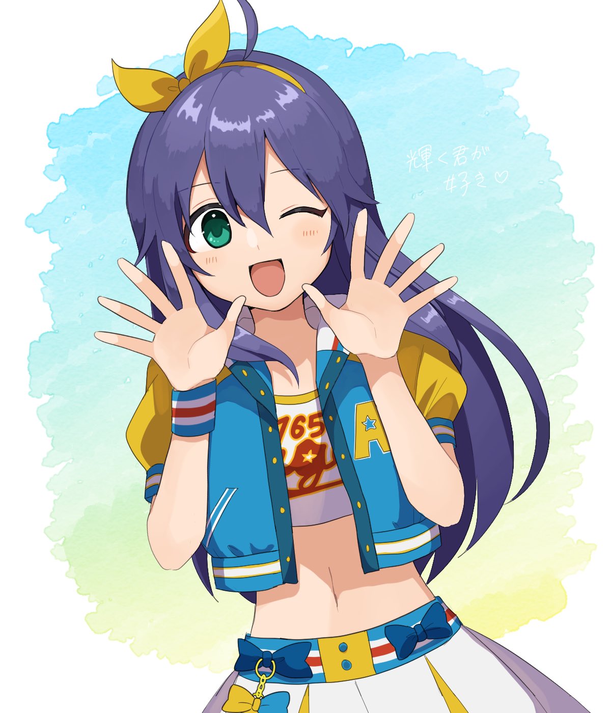 ahoge bangs belted_skirt blue_bow blue_jacket blush bow commentary_request crop_top eyebrows_visible_through_hair gradient gradient_background green_eyes haaaiseo hair_between_eyes hairband hands_up highres idolmaster idolmaster_million_live! idolmaster_million_live!_theater_days jacket keychain long_hair midriff mochizuki_anna navel one_eye_closed open_mouth print_shirt puffy_short_sleeves puffy_sleeves purple_hair shirt short_sleeves skirt smile solo waving white_shirt white_skirt wristband yellow_hairband yellow_sleeves