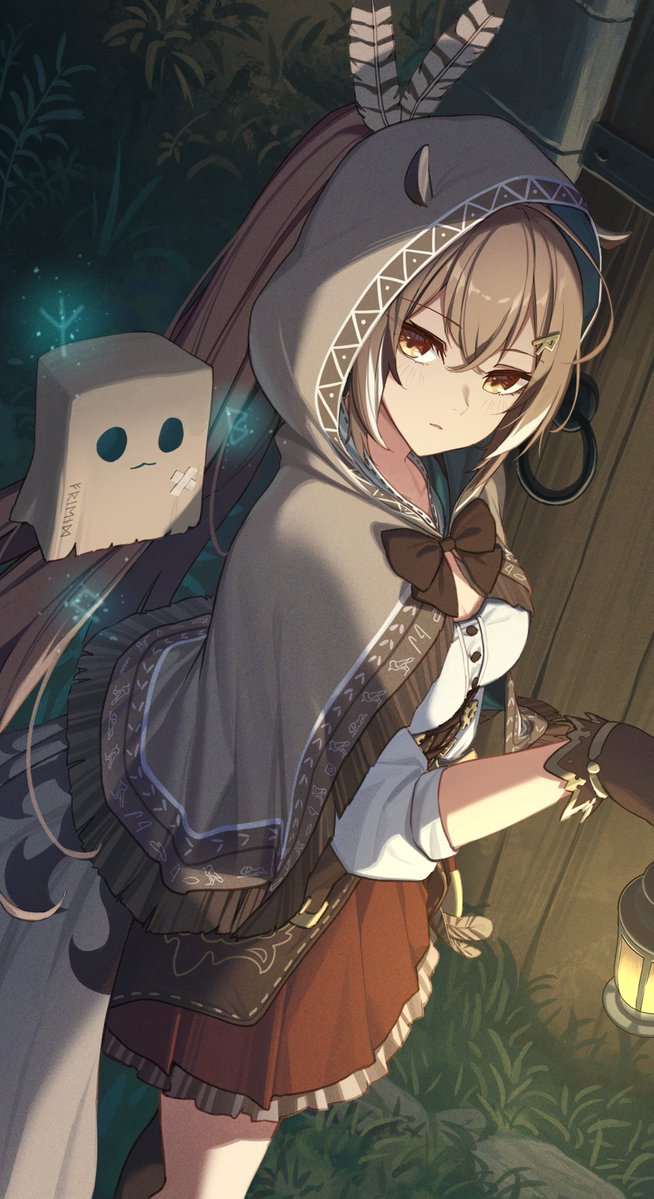 1girl ahoge bag brown_capelet brown_cloak brown_corset brown_eyes brown_hair cape capelet cloak corset dagger erezu feather_hair_ornament feathers fence friend_(nanashi_mumei) grass hair_ornament hairclip hieroglyphics hololive hololive_english hood hood_up knife lantern long_hair looking_at_viewer multicolored_eyes multicolored_hair nanashi_mumei night paper_bag ponytail red_skirt ribbon rock runes shirt skirt stone streaked_hair very_long_hair virtual_youtuber weapon white_shirt wooden_fence yellow_eyes