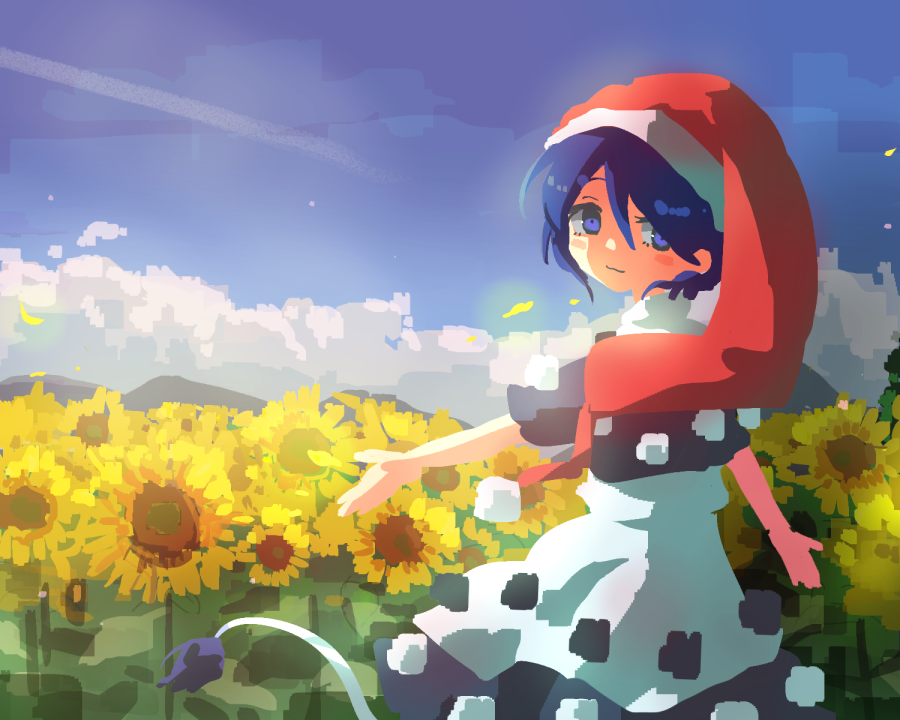 1girl :3 black_dress blue_eyes blue_hair blush_stickers closed_mouth clouds commentary cowboy_shot day doremy_sweet dress eyebrows_behind_hair field flower flower_field from_behind hair_between_eyes hat kanno_fumiroku looking_at_viewer looking_back multicolored_clothes multicolored_dress nightcap one-hour_drawing_challenge outstretched_arms pom_pom_(clothes) red_headwear short_hair sky solo sunflower tail tapir_tail touhou white_dress yellow_flower
