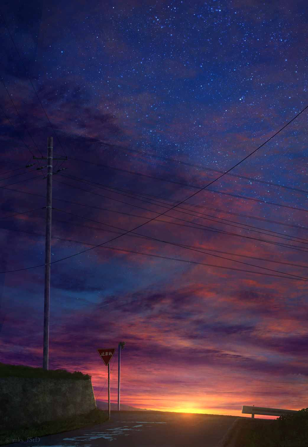 blue_sky highres mks no_humans original outdoors power_lines road_sign scenery sign sky star_(sky) starry_sky stop_sign utility_pole