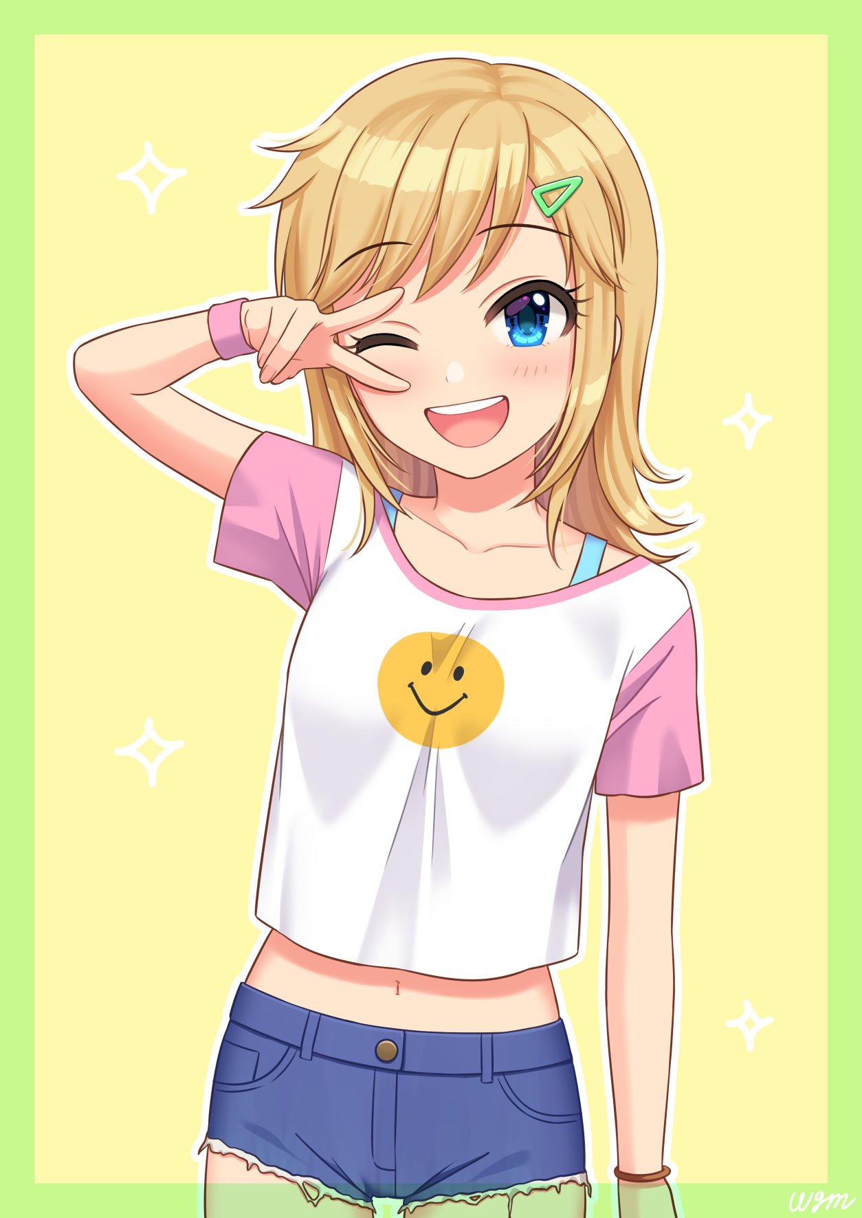 bangs blonde_hair blue_eyes breasts child collarbone commentary_request commission denim denim_shorts dot_nose eyebrows_visible_through_hair eyelashes groin hair_ornament hairclip hand_up highres idolmaster idolmaster_cinderella_girls light_blush looking_at_viewer midriff_peek navel ohtsuki_yui one_eye_closed open_mouth pink_sleeves print_shirt shirt short_hair short_shorts short_sleeves shorts sidelocks skeb_commission small_breasts smile smiley_face solo sparkle t-shirt teeth thighs upper_teeth v wgm_oekaki white_shirt wristband yellow_background younger