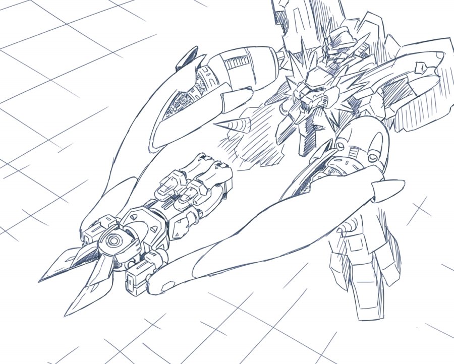 crossover drill from_above gaogaigar greyscale looking_ahead mecha mechanization monochrome niiyan nipako parody science_fiction sketch super_robot ultimate_nipper v-fin yuusha_ou_gaogaigar yuusha_series