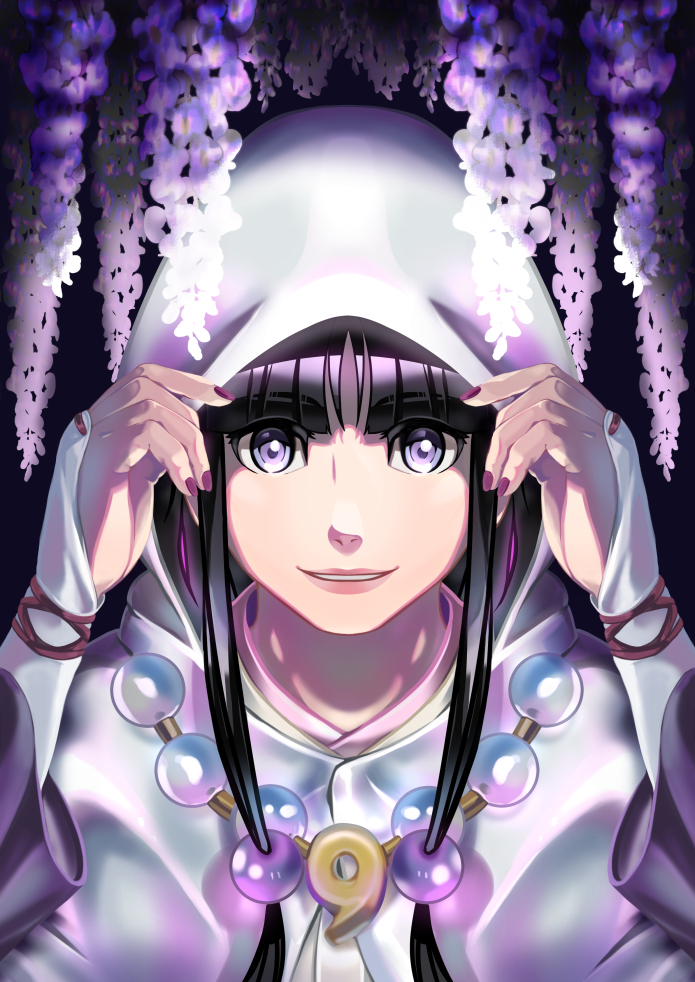 1girl ace_attorney achrocide black_hair flower hood long_hair magatama magatama_necklace maya_fey phoenix_wright:_ace_attorney_-_spirit_of_justice purple_nails solo upper_body violet_eyes white_hood wisteria