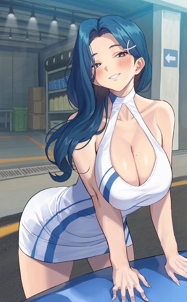 1girl arm_support banned_artist bare_shoulders blue_eyes blue_hair blue_stripes blush breasts cleavage cleavage_cutout clothing_cutout collarbone dress eyebrows eyelashes garage hair_ornament halter_dress halterneck hips huge_breasts jagaimo_(kkamja) leaning_forward looking_at_viewer mole mole_on_breast original parted_lips short_dress smile solo striped striped_dress thick_thighs thighs vertical_stripes white_dress wide_hips x_hair_ornament
