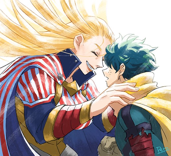 1boy 1girl bangs blonde_hair bodysuit boku_no_hero_academia breasts cape facing_another freckles from_side green_bodysuit grin large_breasts long_hair long_sleeves looking_at_viewer midoriya_izuku muscular muscular_female pero_(pero56870578) red_cape red_lips smile star_and_stripe_(boku_no_hero_academia) striped_bodysuit striped_cape superhero teeth white_background white_cape