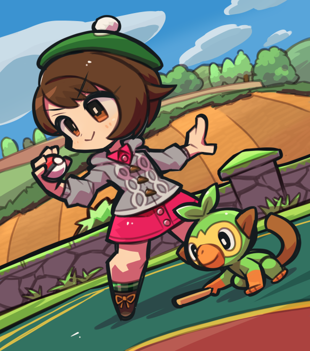 1girl blush bob_cut boots brick_wall brown_eyes brown_footwear brown_hair buttons cable_knit cardigan chibi closed_mouth clouds collared_dress commentary_request day dress gloria_(pokemon) green_headwear green_legwear grey_cardigan grookey hat holding holding_poke_ball hooded_cardigan ibara. outdoors pink_dress plaid plaid_legwear poke_ball poke_ball_(basic) pokemon pokemon_(creature) pokemon_(game) pokemon_swsh short_hair sky smile socks standing tam_o'_shanter