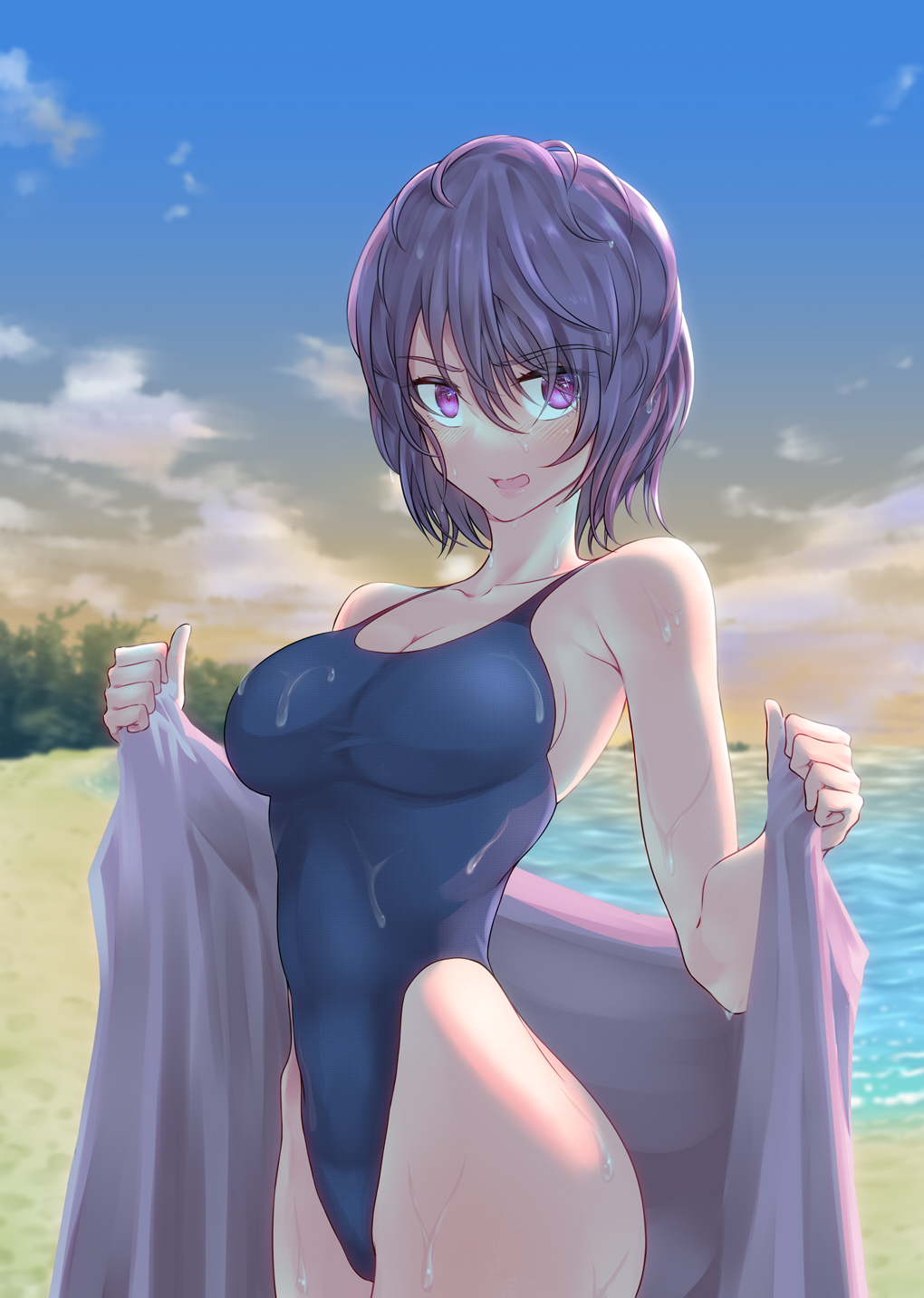 1girl beach black_hair blue_swimsuit breasts clouds collarbone commentary_request competition_swimsuit gradient_sky highleg highleg_swimsuit highres large_breasts one-piece_swimsuit original short_hair sky solo sunrise swimsuit towel violet_eyes yamauchi_(conan-comy)