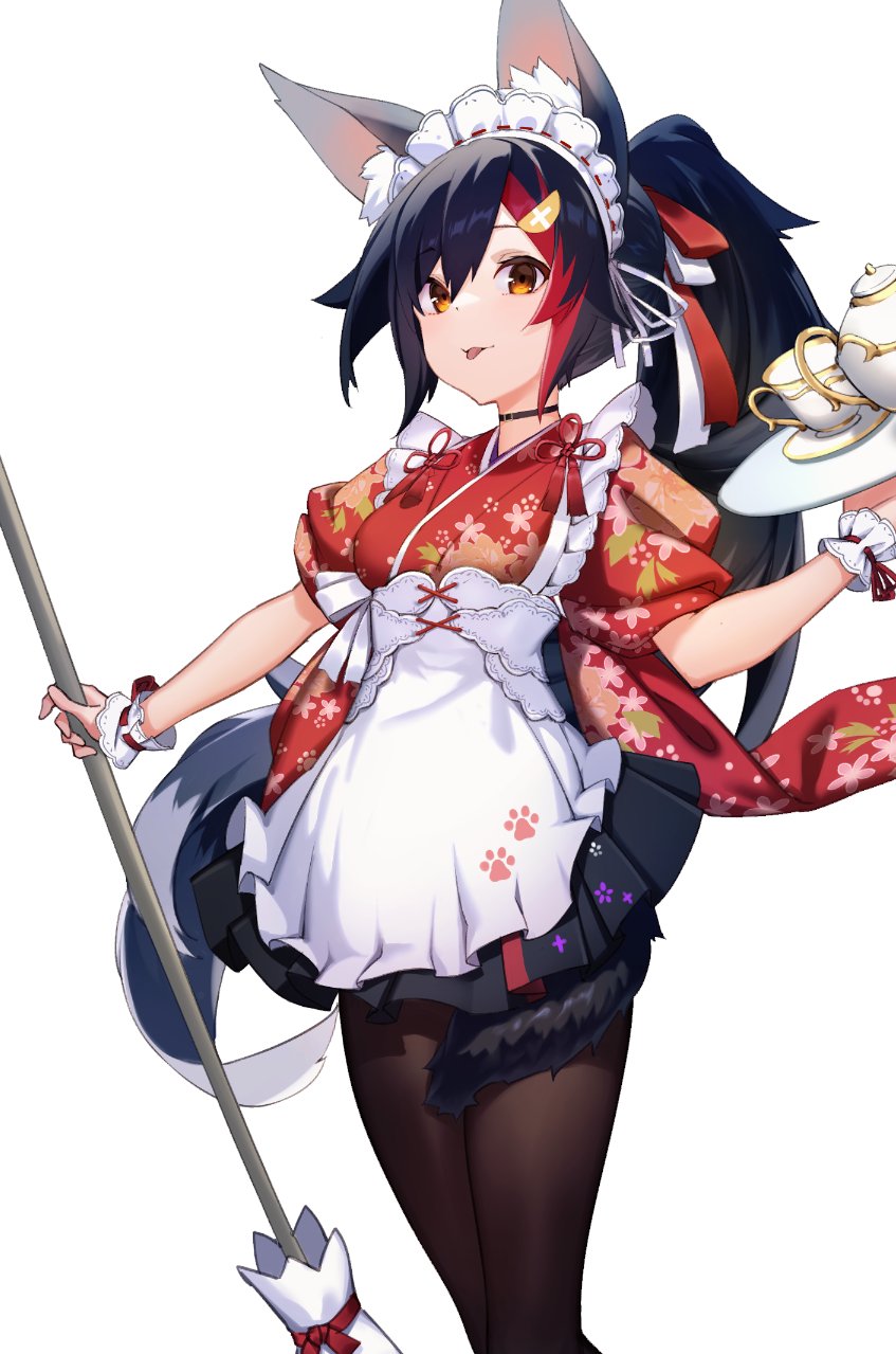 1girl animal_ear_fluff animal_ears bangs black_hair bow broom choker dress hair_between_eyes hair_ornament highres hololive long_hair looking_at_viewer maid multicolored_hair ninsaki_(9saki) ookami_mio paw_print paw_print_pattern red_dress redhead skirt smile solo streaked_hair tail teapot thigh-highs tongue tongue_out virtual_youtuber white_background wolf_ears wolf_tail yellow_eyes