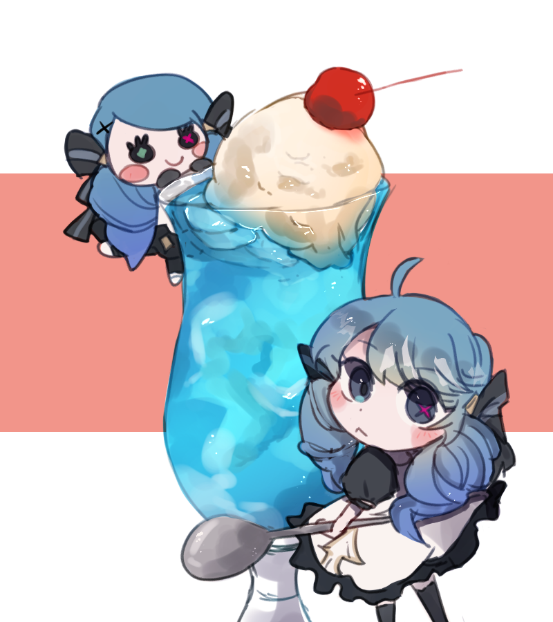 1girl :&lt; ahoge bangs black_bow black_legwear blue_hair bow breasts character_doll cherry cocktail_glass cup dress drill_hair drinking_glass food fruit green_hair grey_background grey_dress gwen_(league_of_legends) hair_bow holding holding_spoon ice_cream league_of_legends long_hair minigirl mongnyam_(yeon-eomong) multicolored_hair pink_background puffy_short_sleeves puffy_sleeves shiny shiny_hair short_sleeves smile spoon thigh-highs twin_drills twintails two-tone_hair