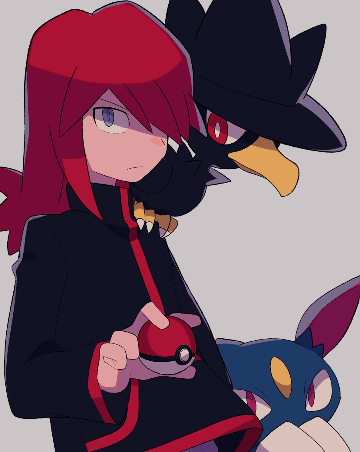 1boy bangs bird black_jacket closed_mouth commentary_request grey_background grey_eyes hair_over_one_eye highres holding holding_poke_ball jacket long_hair long_sleeves male_focus murkrow on_shoulder poke_ball poke_ball_(basic) pokemon pokemon_(creature) pokemon_adventures pokemon_on_shoulder redhead silver_(pokemon) simple_background sneasel tyako_089