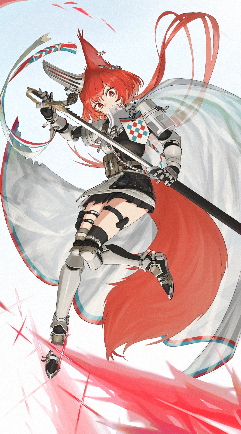 1girl animal_ears arknights armor cape drawing_sword flametail_(arknights) gauntlets greaves highres holding holding_sword holding_weapon izumo_(ton_63) low_ponytail red_eyes redhead skirt squirrel_ears squirrel_tail sword tail thigh_pouch thigh_strap weapon