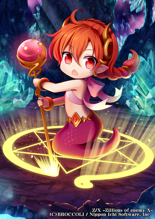 1girl bracelet braid braided_ponytail cave chibi copyright_name crystal earrings fang hair_between_eyes hair_ornament holding holding_staff horns jewelry lamia long_hair looking_at_viewer monster_girl official_art pointy_ears red_eyes redhead ribbon ronce solo staff z/x