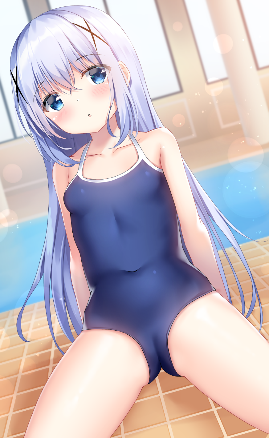 1girl :o bangs bare_arms bare_shoulders blue_eyes blue_hair blue_swimsuit blush breasts commentary_request covered_navel day eyebrows_visible_through_hair gochuumon_wa_usagi_desu_ka? hair_between_eyes hair_ornament highres indoors kafuu_chino looking_at_viewer on_floor one-piece_swimsuit parted_lips pizzzica school_swimsuit sitting small_breasts solo sunlight swimsuit tile_floor tiles water window x_hair_ornament