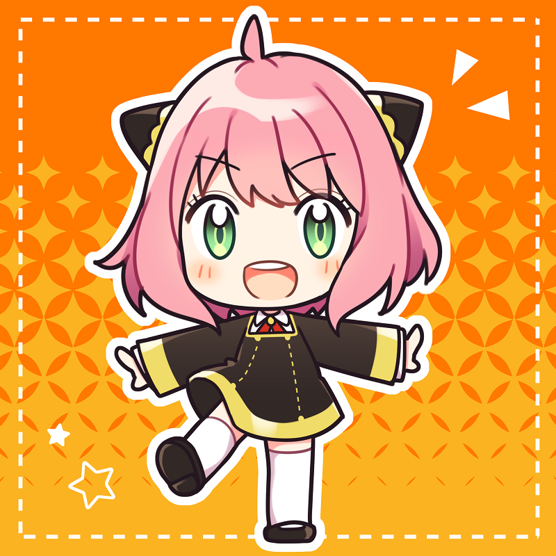 1girl :d ahoge anya_(spy_x_family) bangs black_dress black_footwear blush chibi collared_shirt commentary_request dotted_line dress eyebrows_visible_through_hair green_eyes long_sleeves looking_at_viewer multicolored_hair orange_background outline pink_hair round_teeth ryuuka_sane shirt shoes sleeves_past_wrists smile solo spy_x_family standing standing_on_one_leg teeth thigh-highs two-tone_hair upper_teeth white_legwear white_outline white_shirt