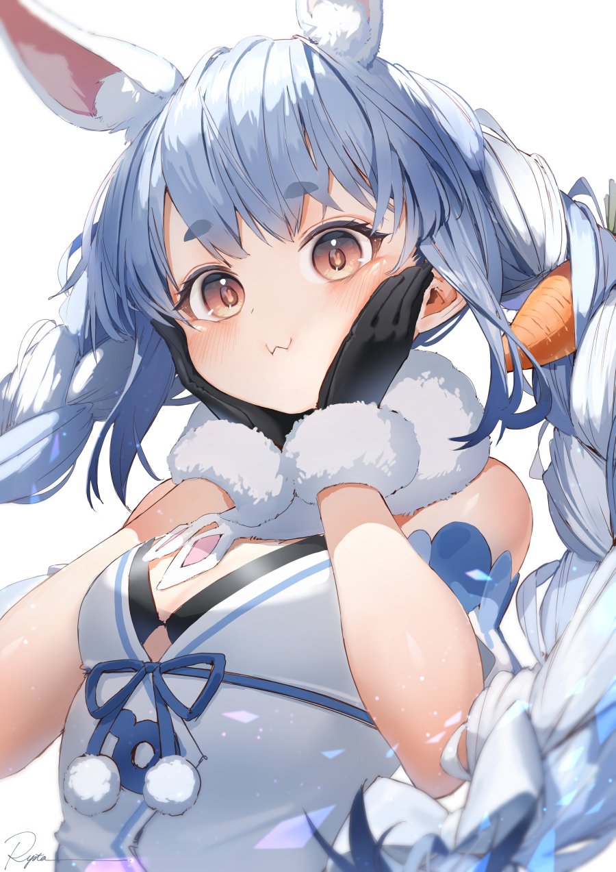 1girl :3 animal_ear_fluff animal_ears bangs black_gloves blue_hair blush braid brown_eyes bunny-shaped_pupils carrot_hair_ornament closed_mouth don-chan_(usada_pekora) dress food-themed_hair_ornament fur_scarf gloves hair_ornament hands_on_own_cheeks hands_on_own_face highres hololive long_hair looking_at_viewer multicolored_hair rabbit_ears ryota_(ry_o_ta) simple_background solo streaked_hair symbol-shaped_pupils thick_eyebrows twin_braids twintails upper_body usada_pekora virtual_youtuber white_background white_dress white_hair