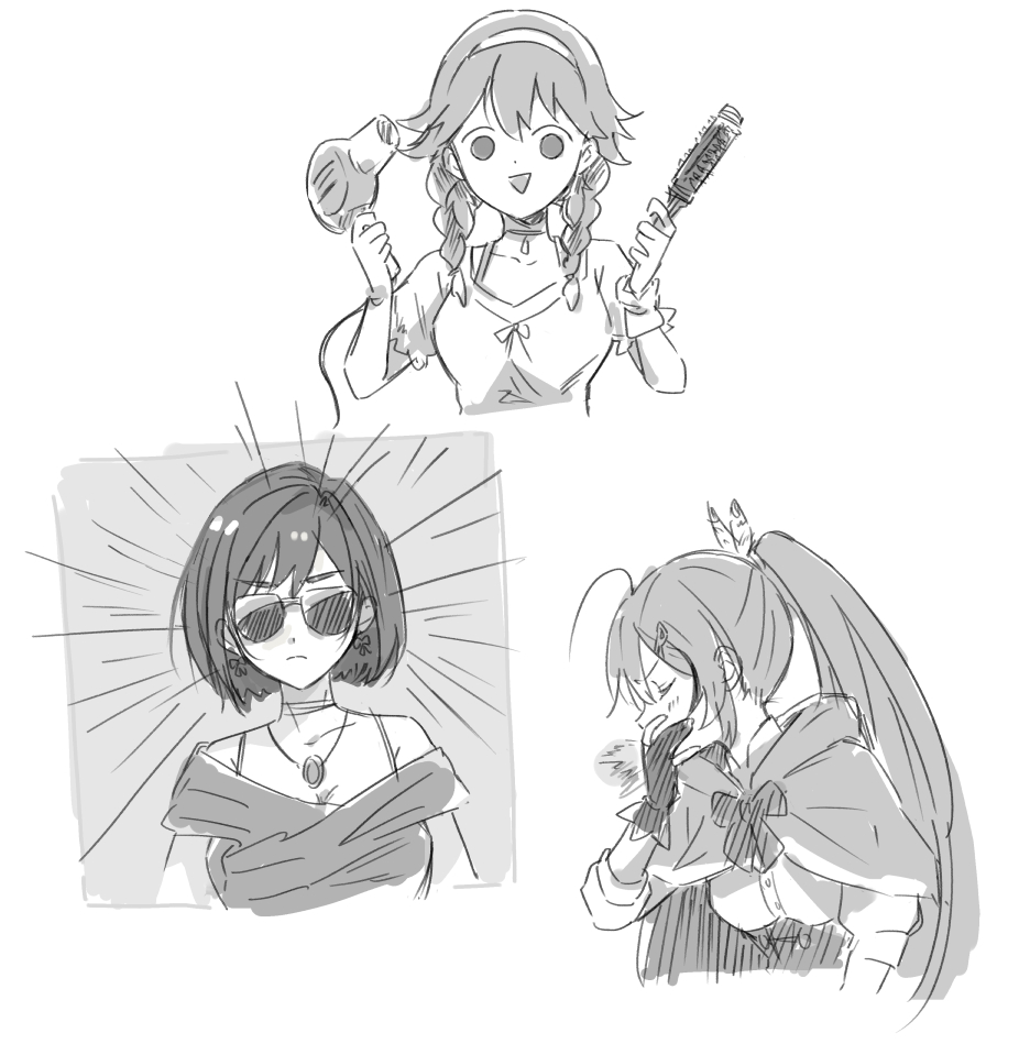 3girls alternate_costume alternate_hairstyle bare_shoulders closed_eyes collarbone comb dot_nose gloves greyscale hair_dryer holding holding_comb holding_hair_dryer hololive hololive_english jewelry kisuu_(oddnumberr_) long_hair monochrome multiple_girls nanashi_mumei necklace open_mouth ouro_kronii partially_fingerless_gloves ponytail short_hair sketch solid_circle_eyes sunglasses takanashi_kiara triangle_mouth virtual_youtuber