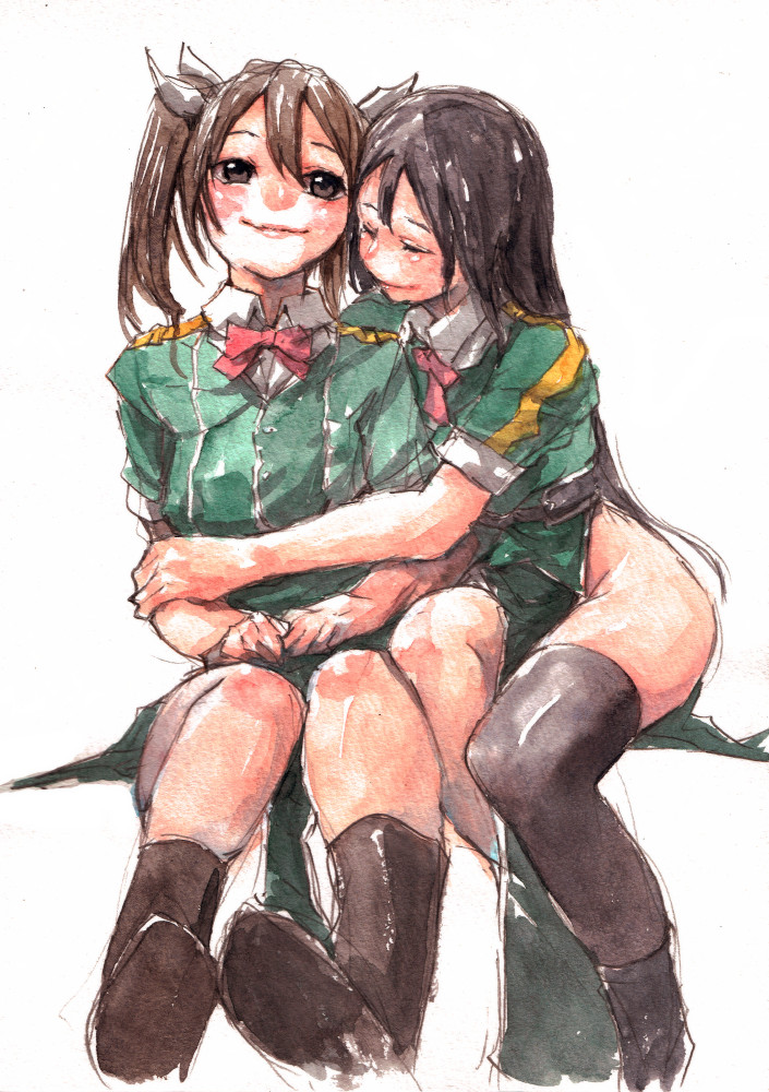 2girls asymmetrical_legwear black_hair bow bowtie brown_hair chikuma_(kancolle) chikuma_kai_ni_(kancolle) commentary_request hair_between_eyes hair_ribbon hug hug_from_behind kantai_collection long_hair military military_uniform multiple_girls n-mori pelvic_curtain red_bow red_bowtie ribbon side_slit simple_background sitting tone_(kancolle) tone_kai_ni_(kancolle) twintails uneven_legwear uniform white_background white_ribbon